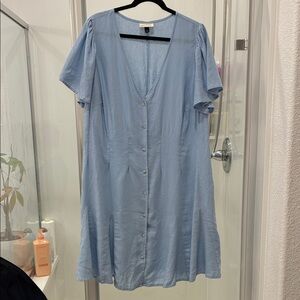 Chic Sky Blue Linen Blend Button-Front Midi Dress